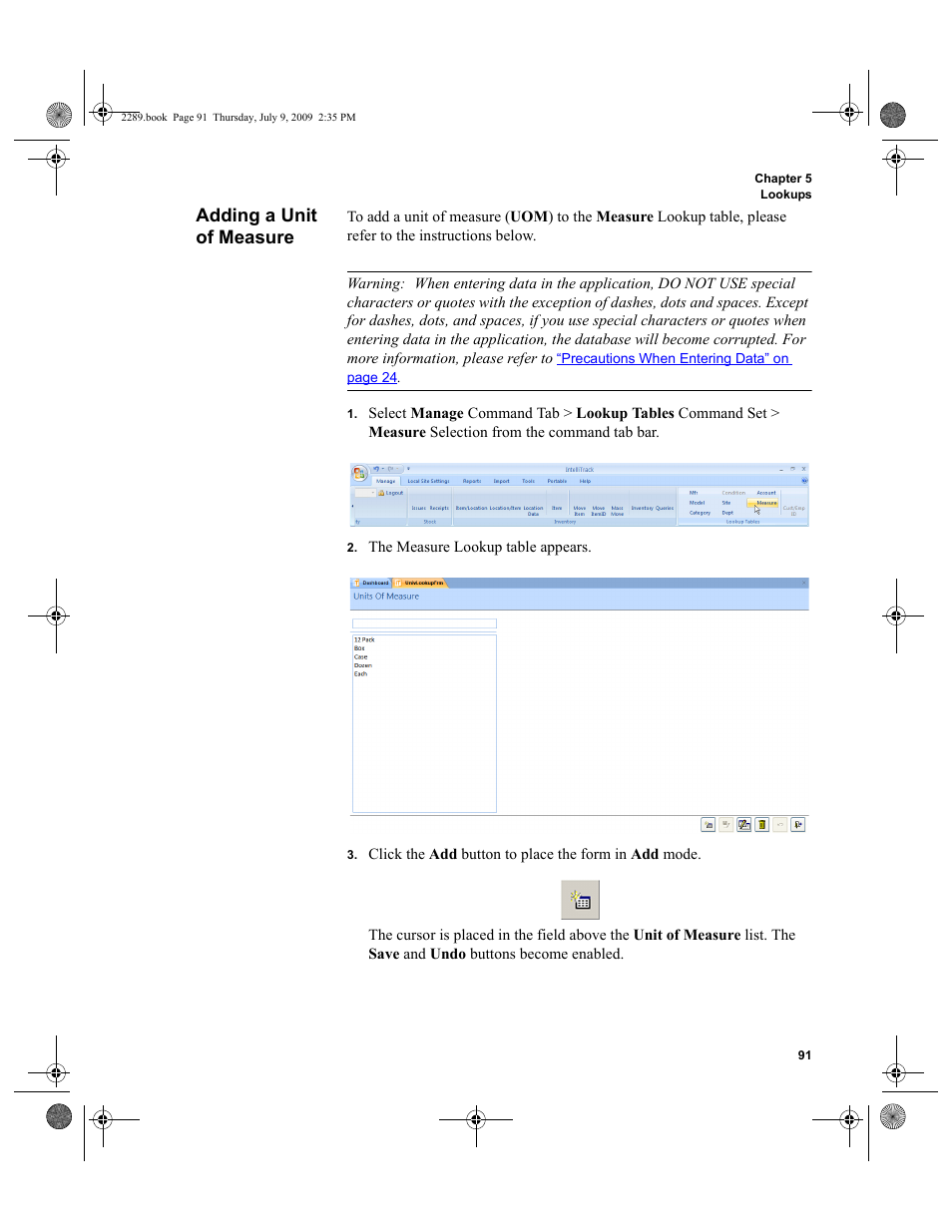 Adding a unit of measure, Adding a unit of measure 91 | IntelliTrack Stockroom Inventory User Manual | Page 119 / 380