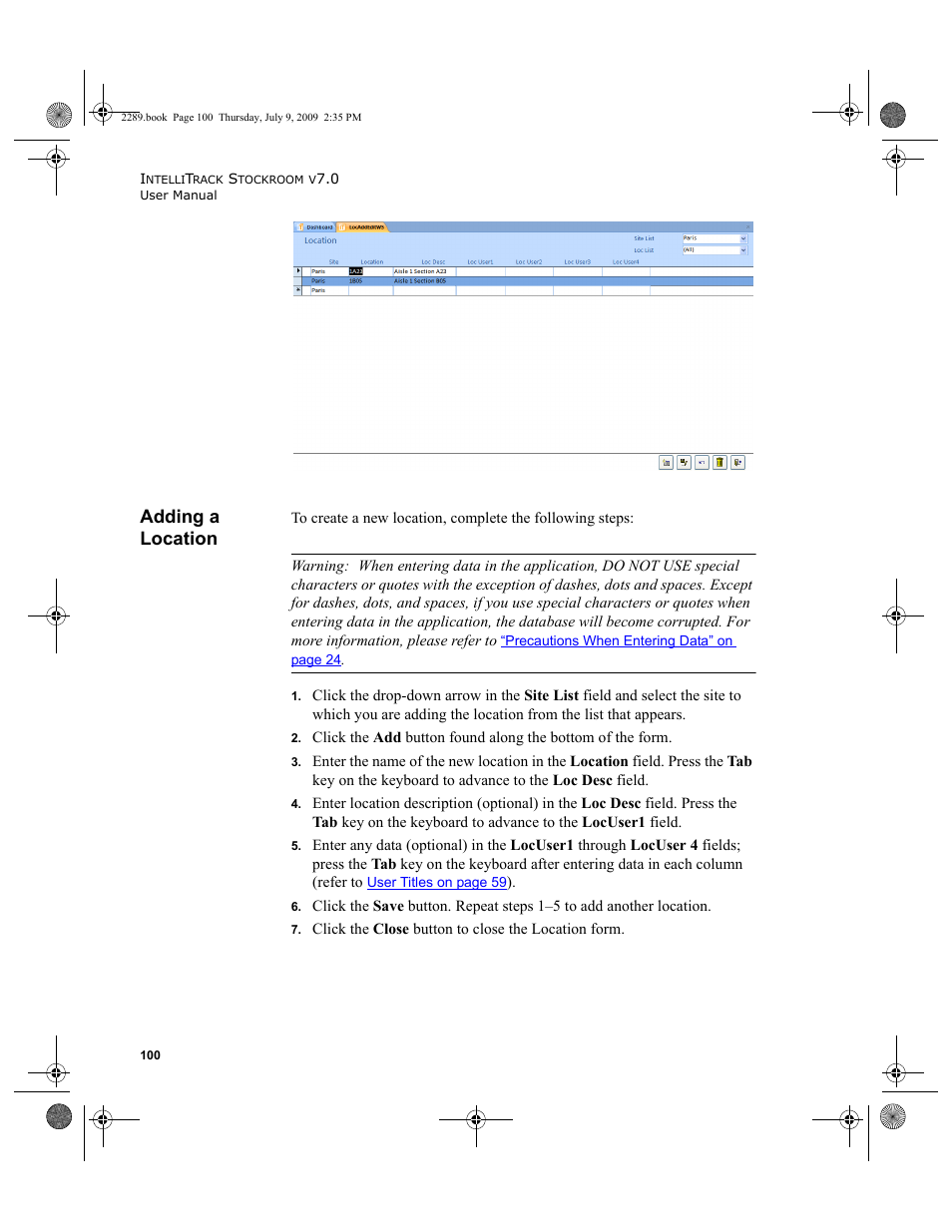 Adding a location, Adding a location 100 | IntelliTrack Stockroom Inventory User Manual | Page 128 / 380