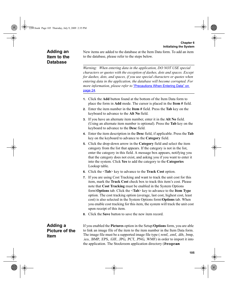 Adding an item to the database, Adding a picture of the item, Adding an item to the database 105 | Adding a picture of the item 105 | IntelliTrack Stockroom Inventory User Manual | Page 133 / 380