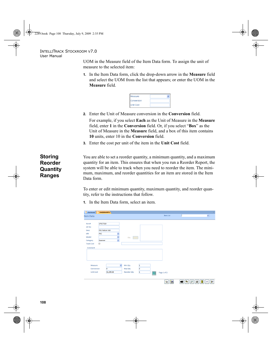 Storing reorder quantity ranges, Storing reorder quantity ranges 108 | IntelliTrack Stockroom Inventory User Manual | Page 136 / 380