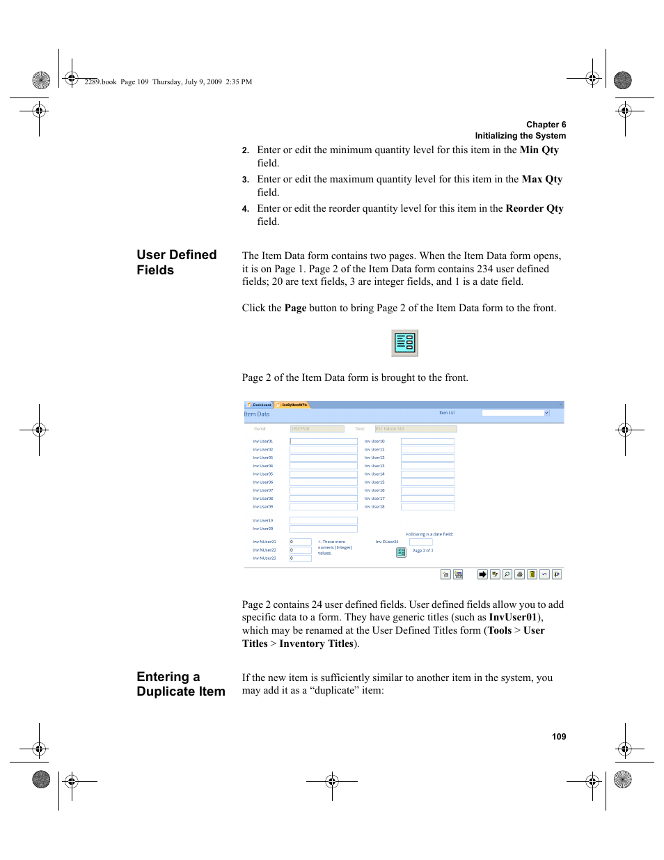 User defined fields, Entering a duplicate item, User defined fields entering a duplicate item | User defined fields 109, Entering a duplicate item 109 | IntelliTrack Stockroom Inventory User Manual | Page 137 / 380