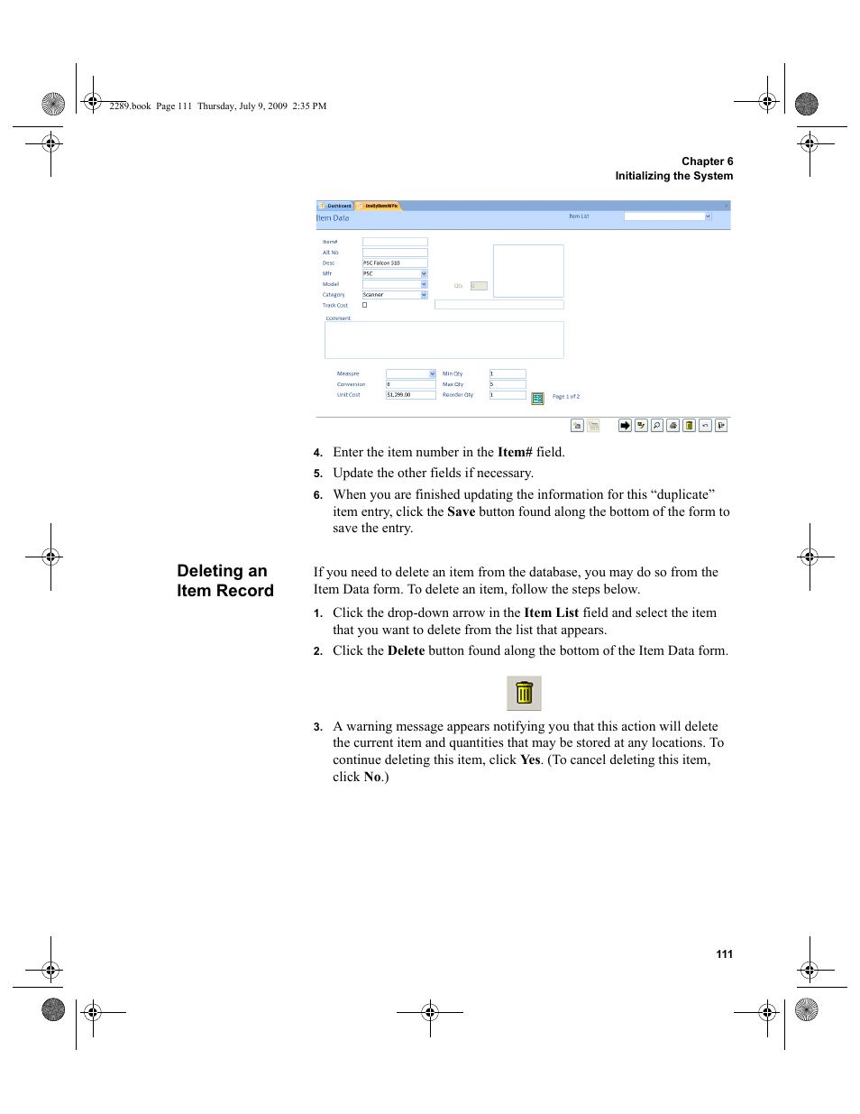 Deleting an item record, Deleting an item record 111 | IntelliTrack Stockroom Inventory User Manual | Page 139 / 380