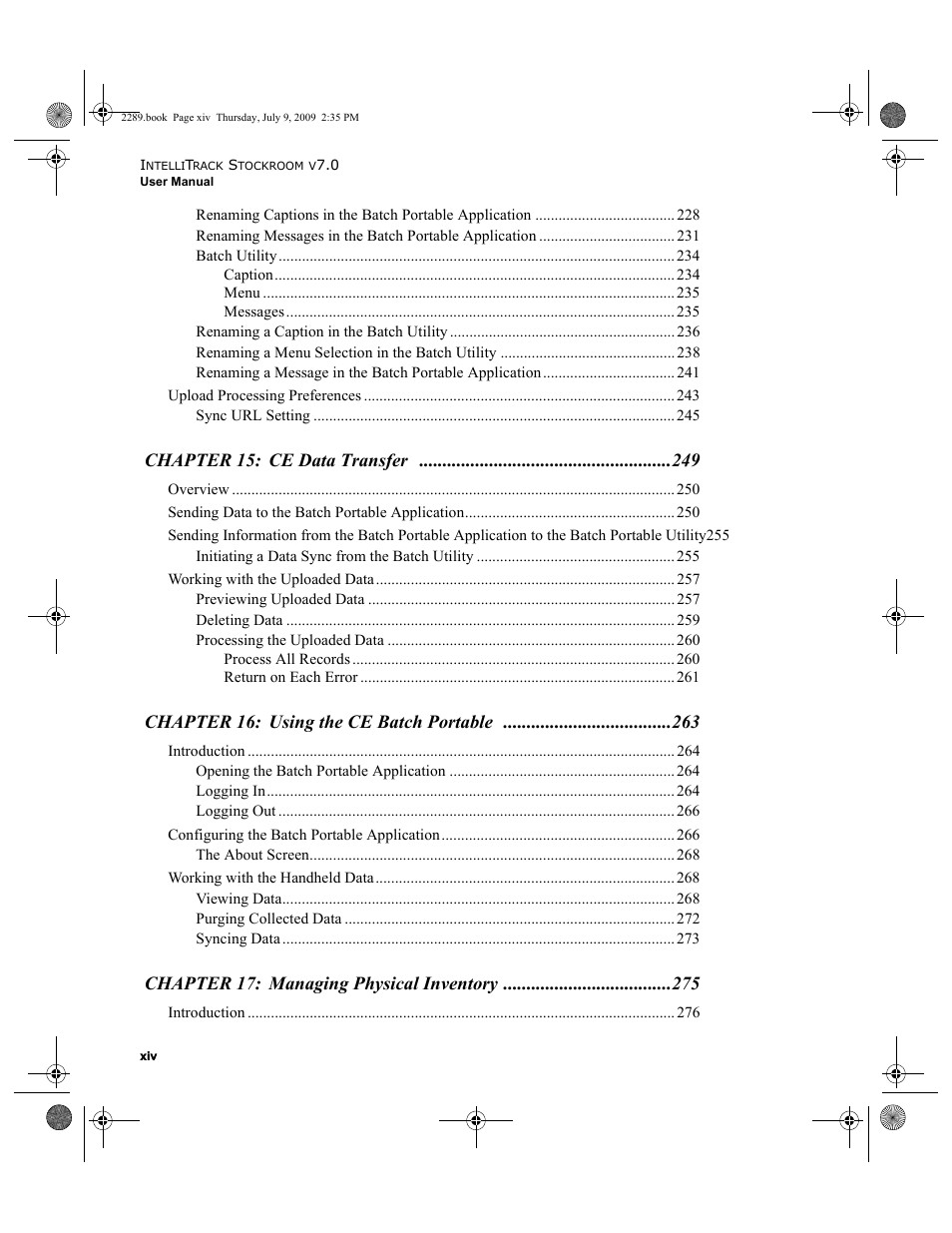 Chapter 15: ce data transfer, Chapter 16: using the ce batch portable, Chapter 17: managing physical inventory | IntelliTrack Stockroom Inventory User Manual | Page 14 / 380