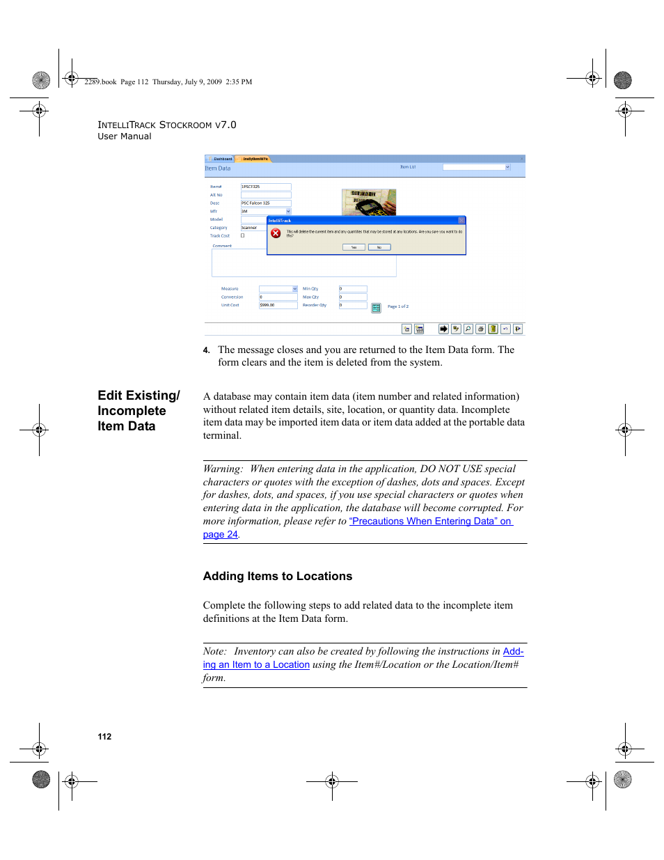 Edit existing/ incomplete item data, Edit existing/incomplete item data, Adding items to locations | Edit existing/incomplete item data 112 | IntelliTrack Stockroom Inventory User Manual | Page 140 / 380