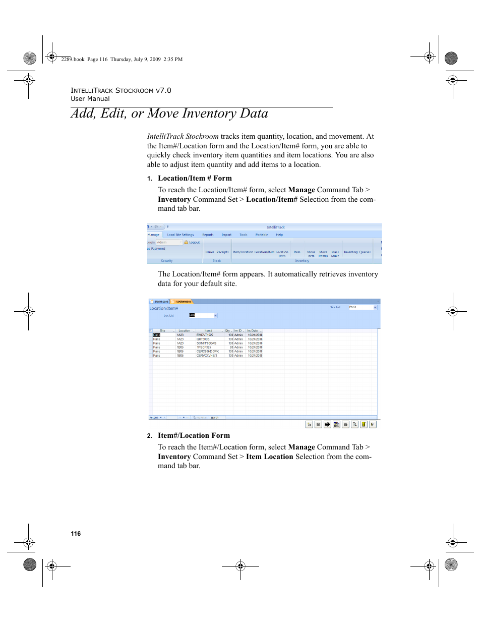 Add, edit, or move inventory data, Add, edit, or move inventory data 116 | IntelliTrack Stockroom Inventory User Manual | Page 144 / 380