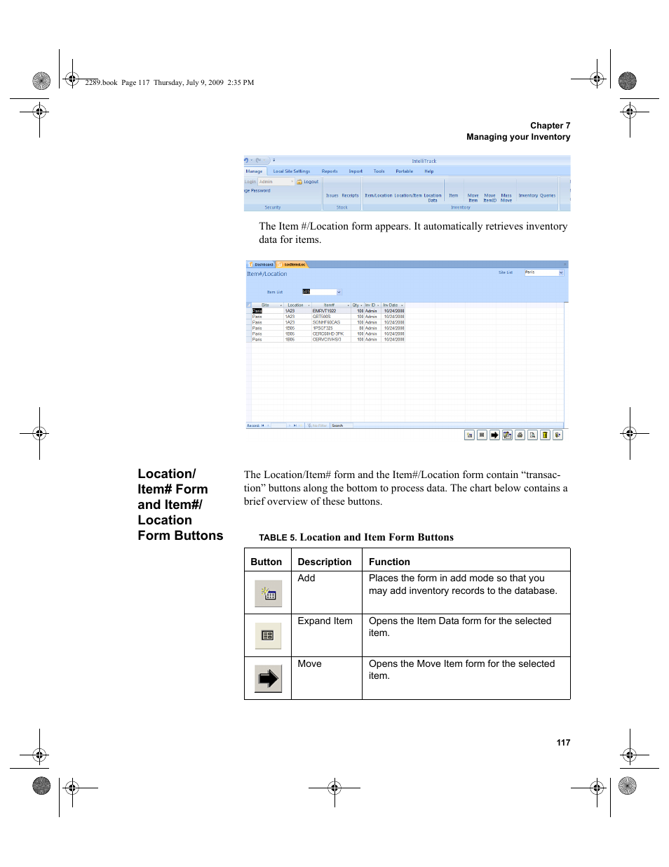 Location/item# form and item#/location form, Buttons 117 | IntelliTrack Stockroom Inventory User Manual | Page 145 / 380