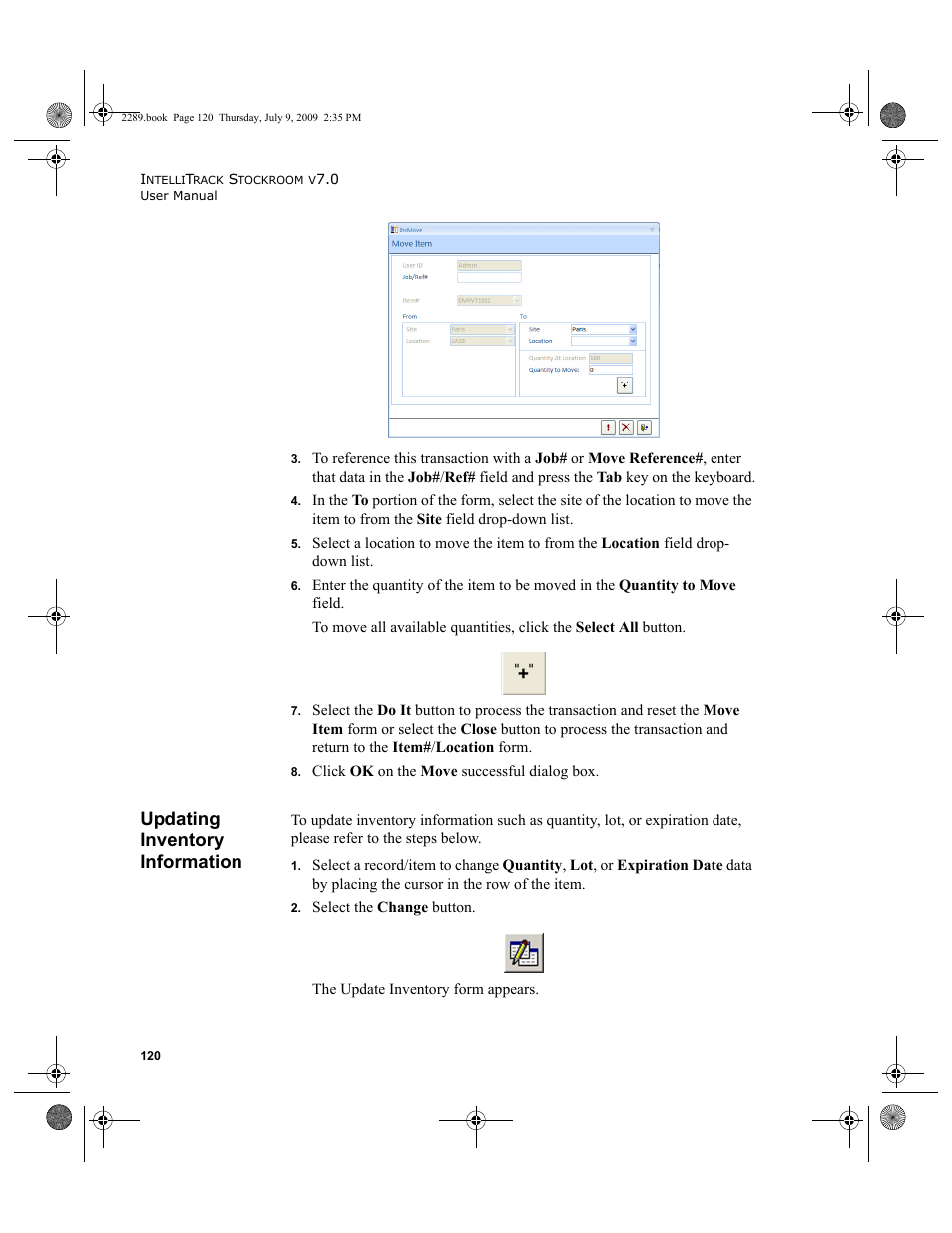 Updating inventory information, Updating inventory information 120 | IntelliTrack Stockroom Inventory User Manual | Page 148 / 380
