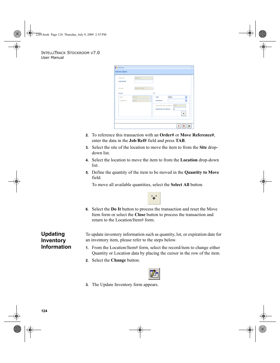 Updating inventory information, Updating inventory information 124 | IntelliTrack Stockroom Inventory User Manual | Page 152 / 380