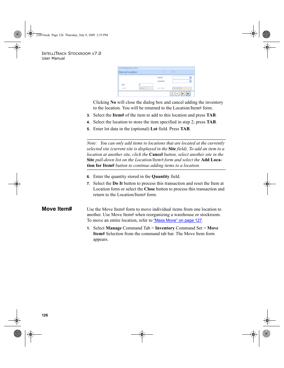 Move item, Move item# 126 | IntelliTrack Stockroom Inventory User Manual | Page 154 / 380