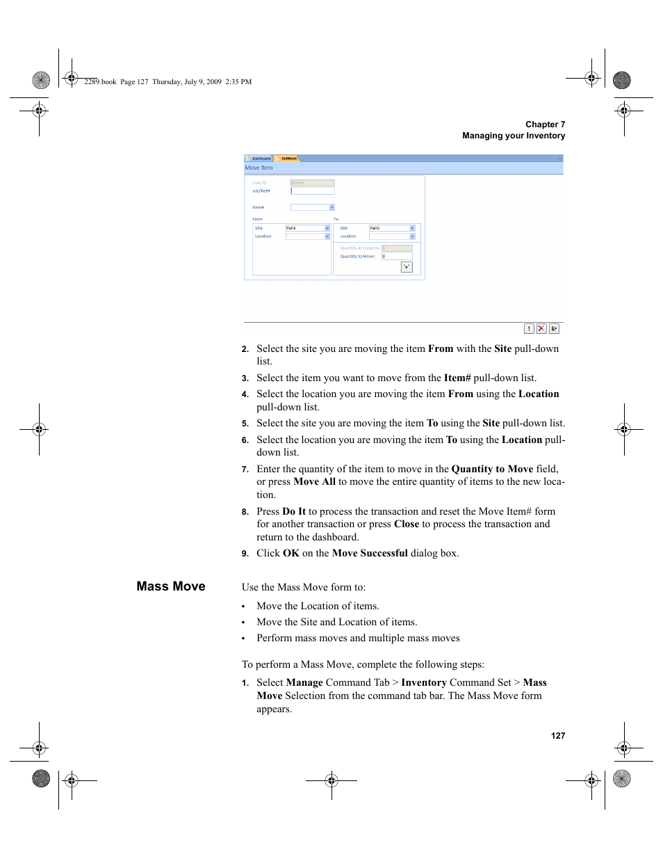 Mass move, Mass move 127 | IntelliTrack Stockroom Inventory User Manual | Page 155 / 380