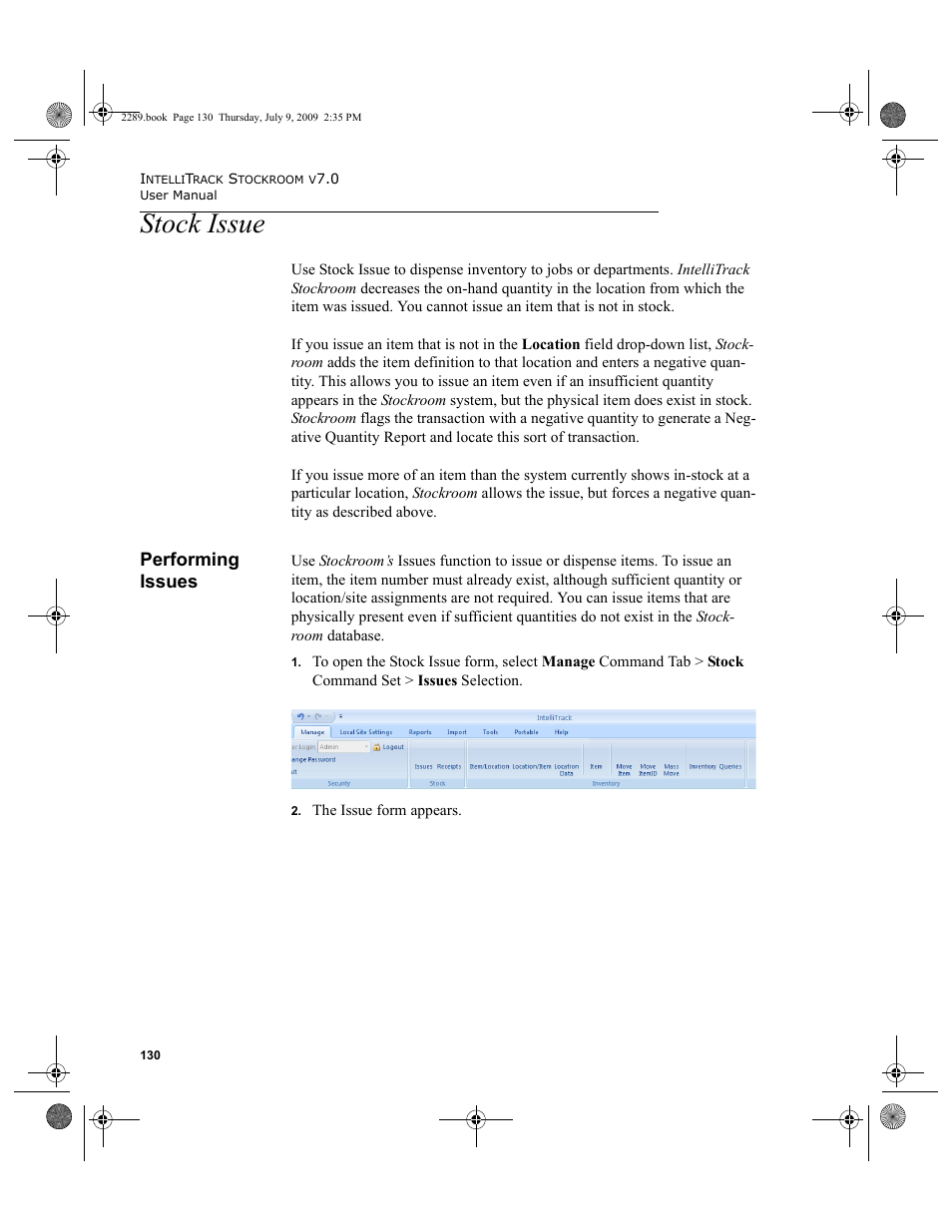 Stock issue, Performing issues, Stock issue 130 | Performing issues 130 | IntelliTrack Stockroom Inventory User Manual | Page 158 / 380