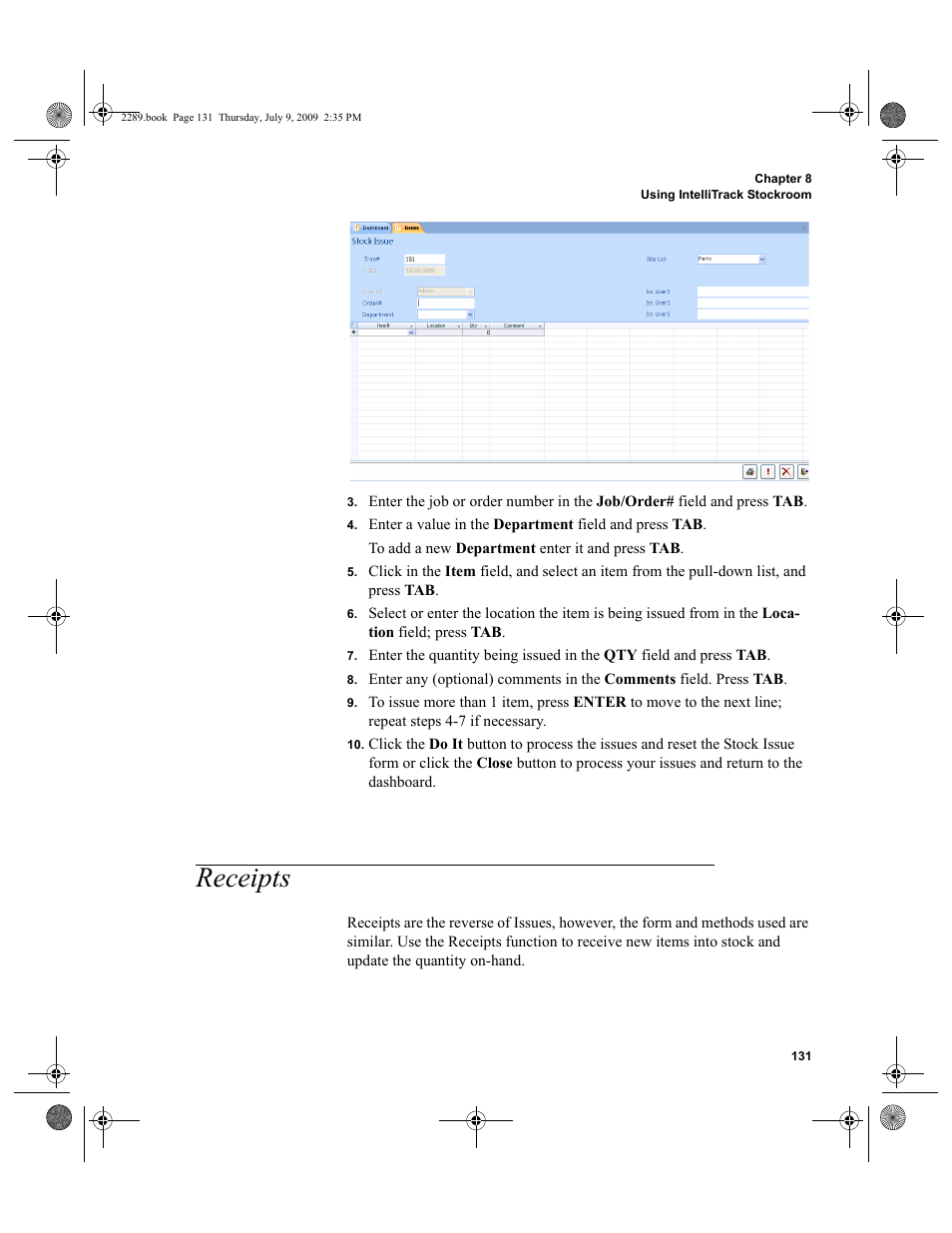 Receipts, Receipts 131 | IntelliTrack Stockroom Inventory User Manual | Page 159 / 380