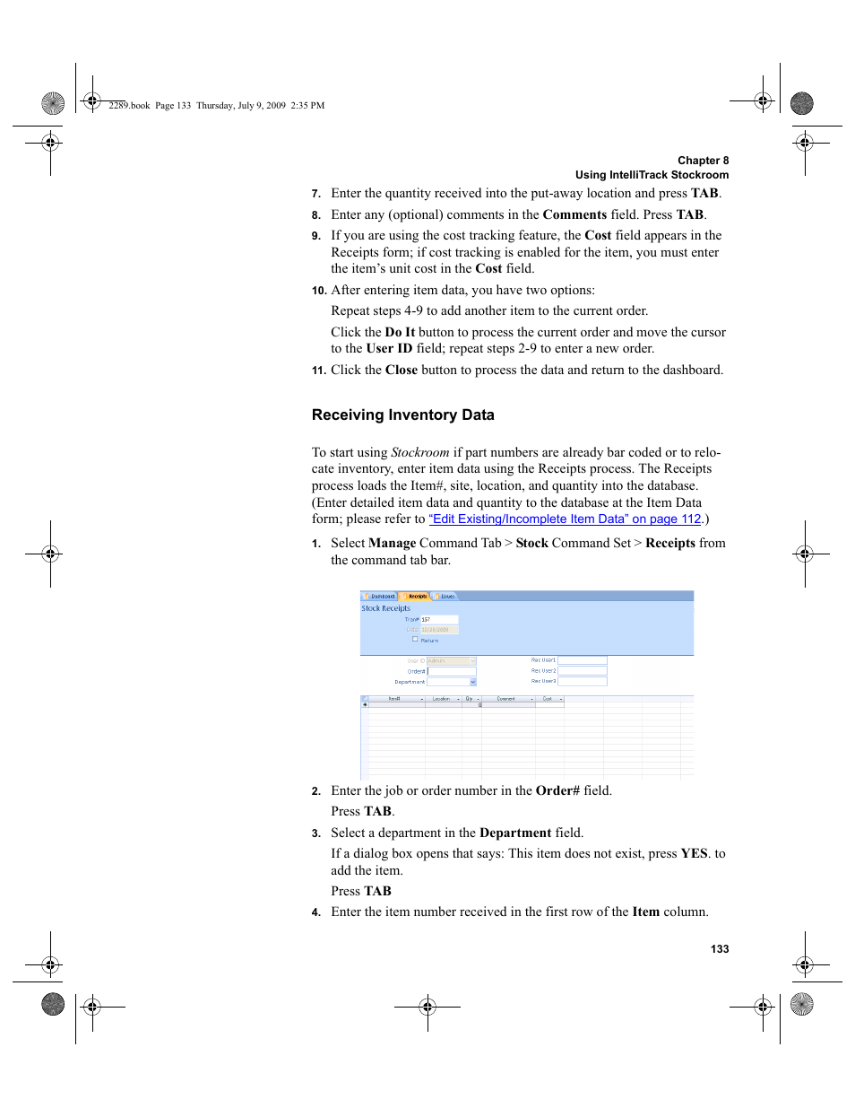 Receiving inventory data | IntelliTrack Stockroom Inventory User Manual | Page 161 / 380