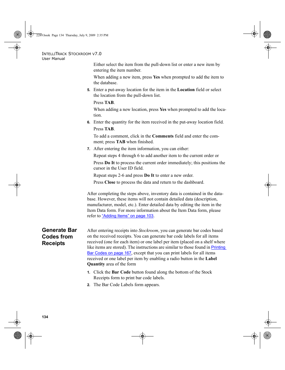 Generate bar codes from receipts, Generate bar codes from receipts 134 | IntelliTrack Stockroom Inventory User Manual | Page 162 / 380