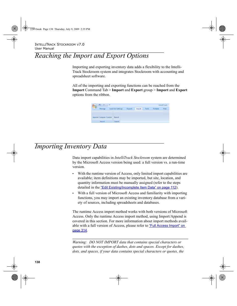 Reaching the import and export options, Importing inventory data, Reaching the import and export options 138 | Importing inventory data 138 | IntelliTrack Stockroom Inventory User Manual | Page 166 / 380