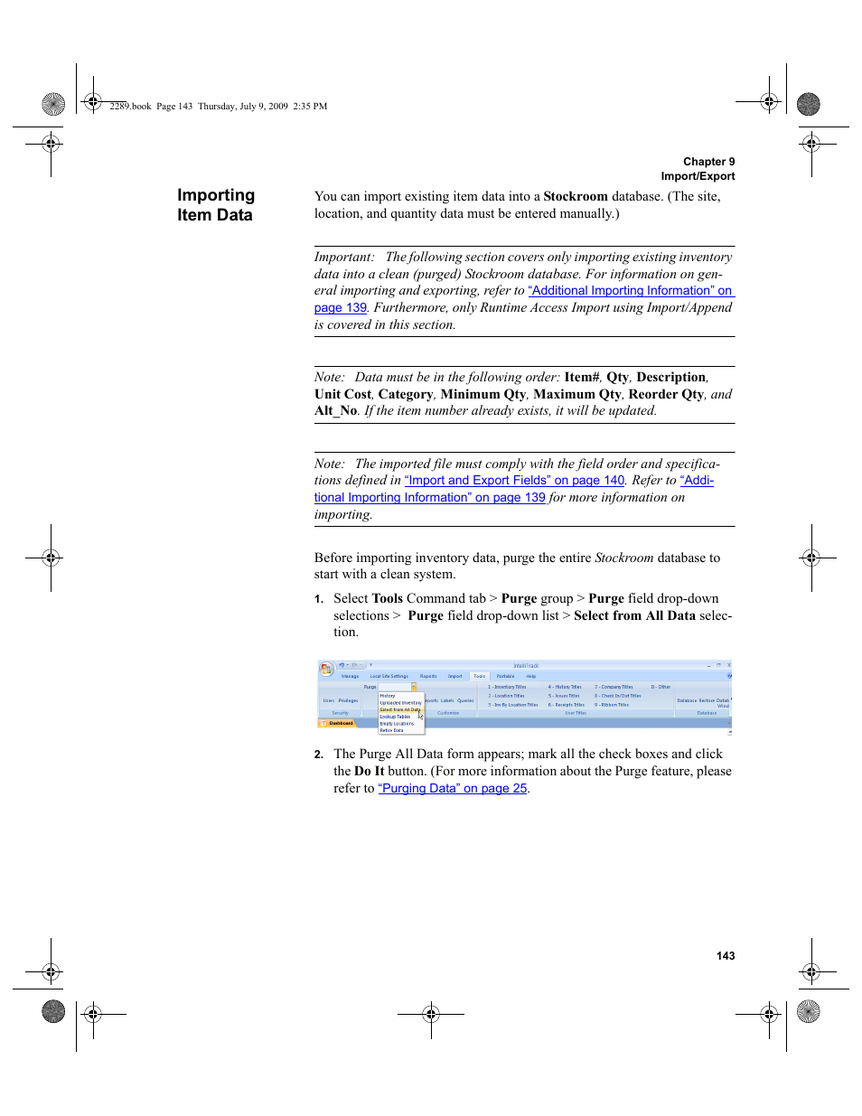 Importing item data, Importing item data 143 | IntelliTrack Stockroom Inventory User Manual | Page 171 / 380