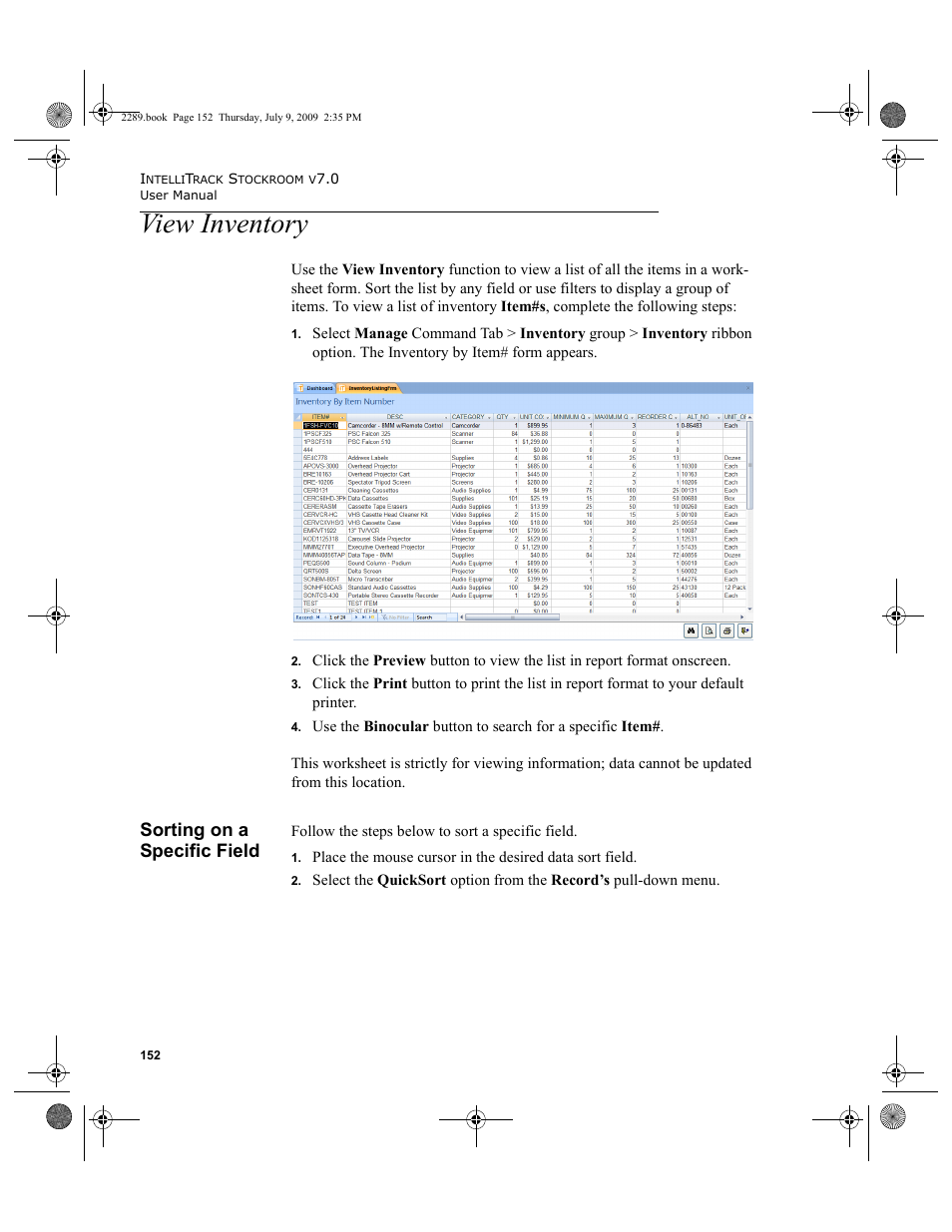 View inventory, Sorting on a specific field, View inventory 152 | Sorting on a specific field 152 | IntelliTrack Stockroom Inventory User Manual | Page 180 / 380