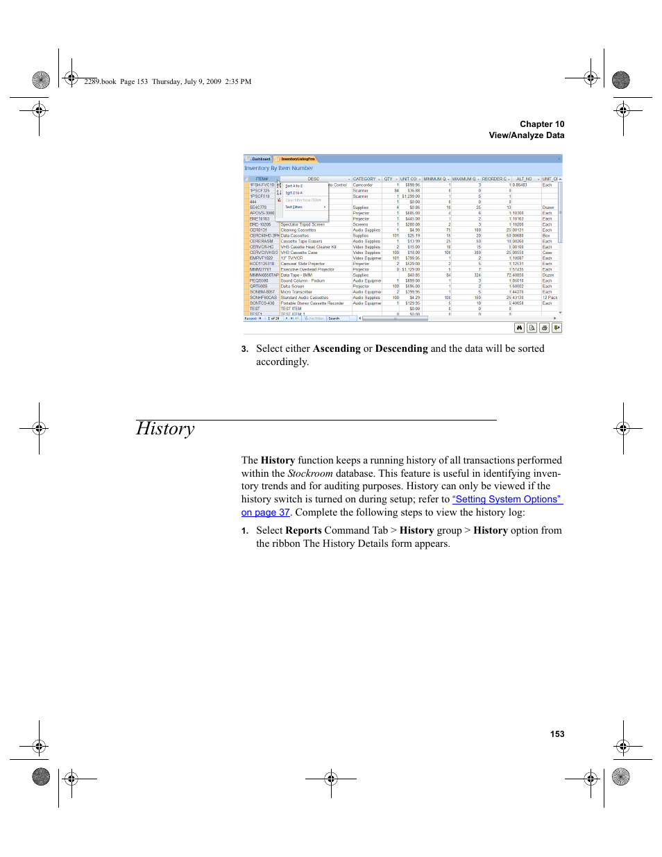History, History 153 | IntelliTrack Stockroom Inventory User Manual | Page 181 / 380