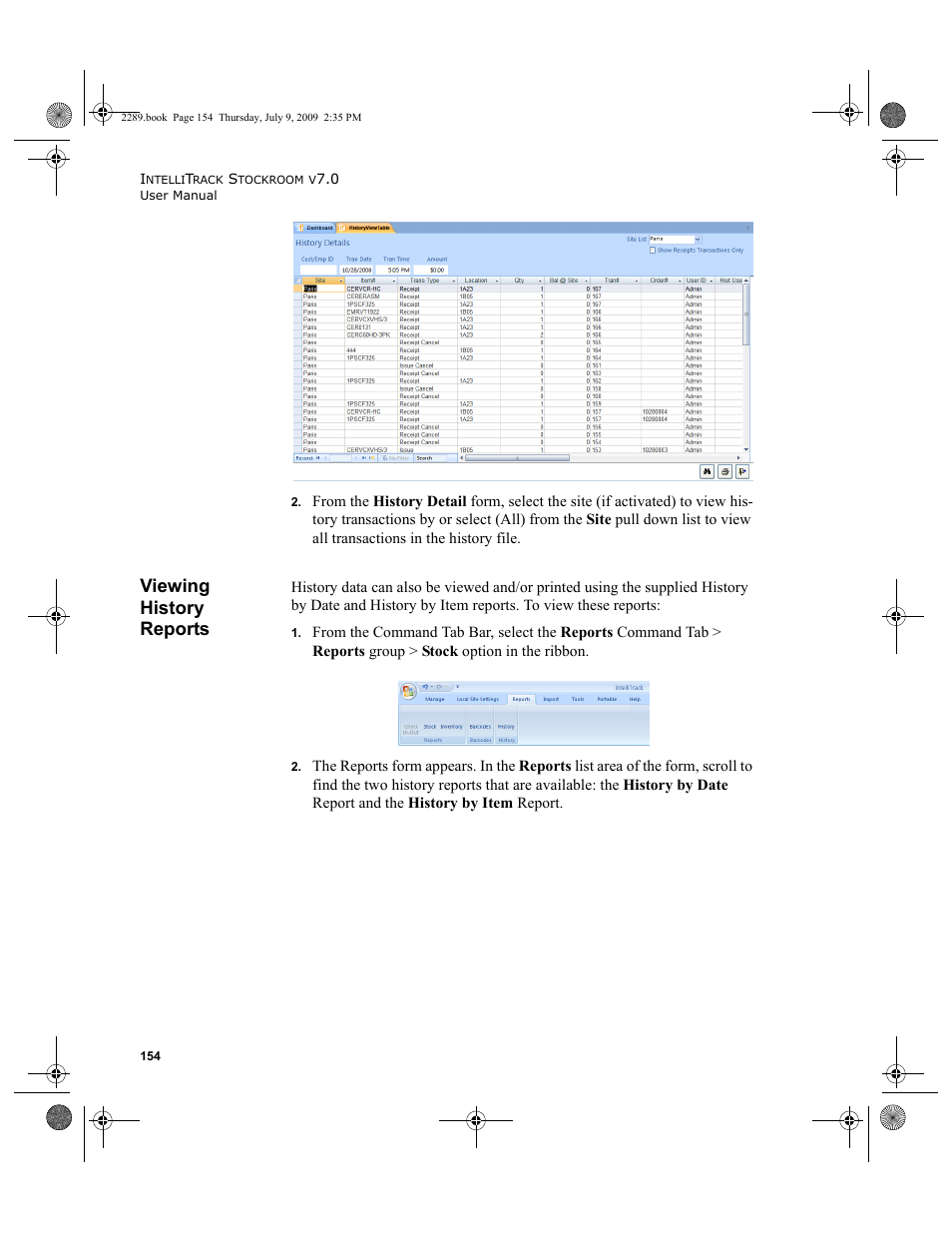 Viewing history reports, Viewing history reports 154 | IntelliTrack Stockroom Inventory User Manual | Page 182 / 380