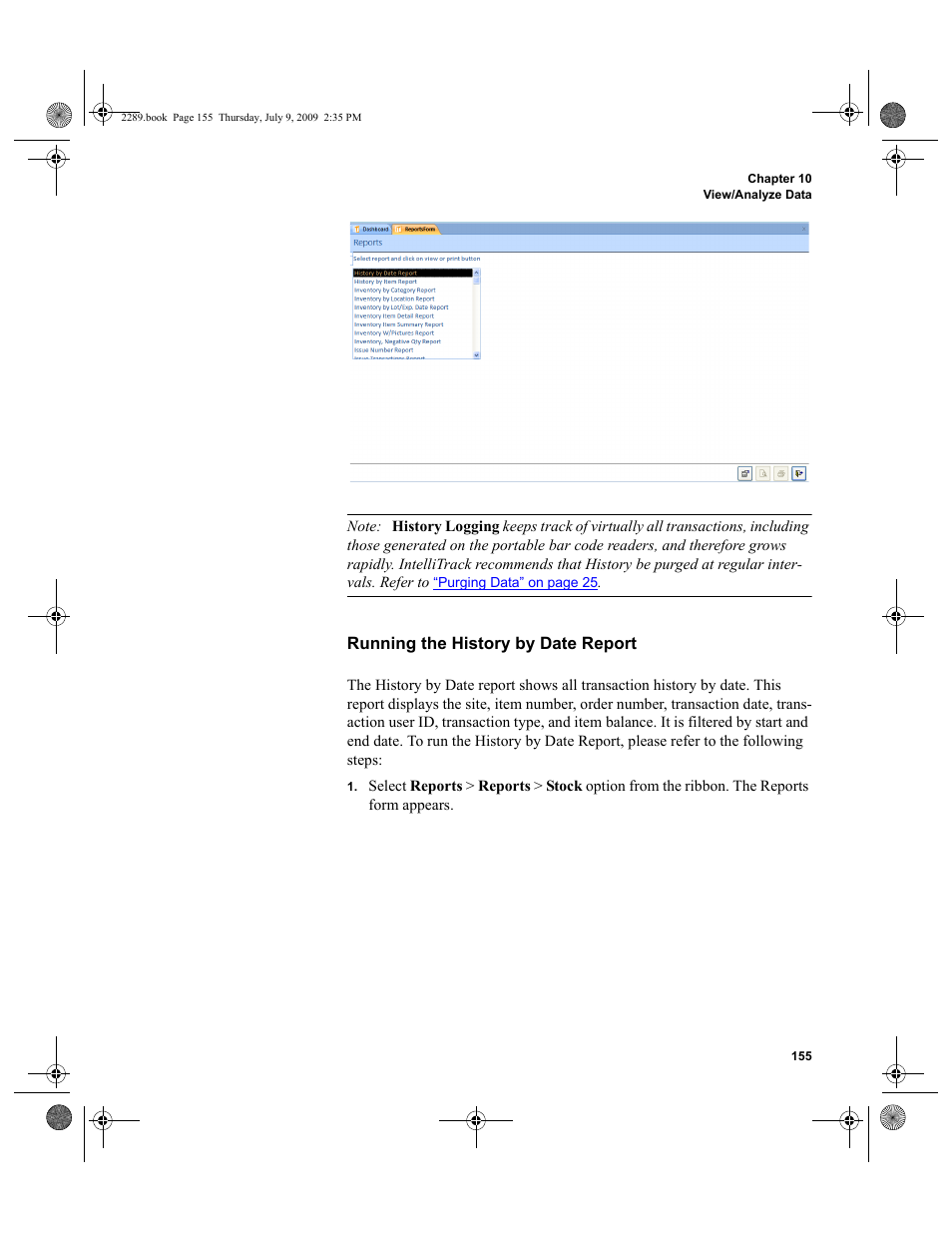 Running the history by date report | IntelliTrack Stockroom Inventory User Manual | Page 183 / 380