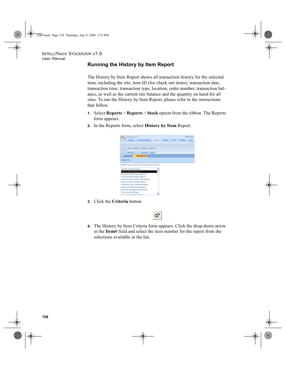 Running the history by item report | IntelliTrack Stockroom Inventory User Manual | Page 186 / 380