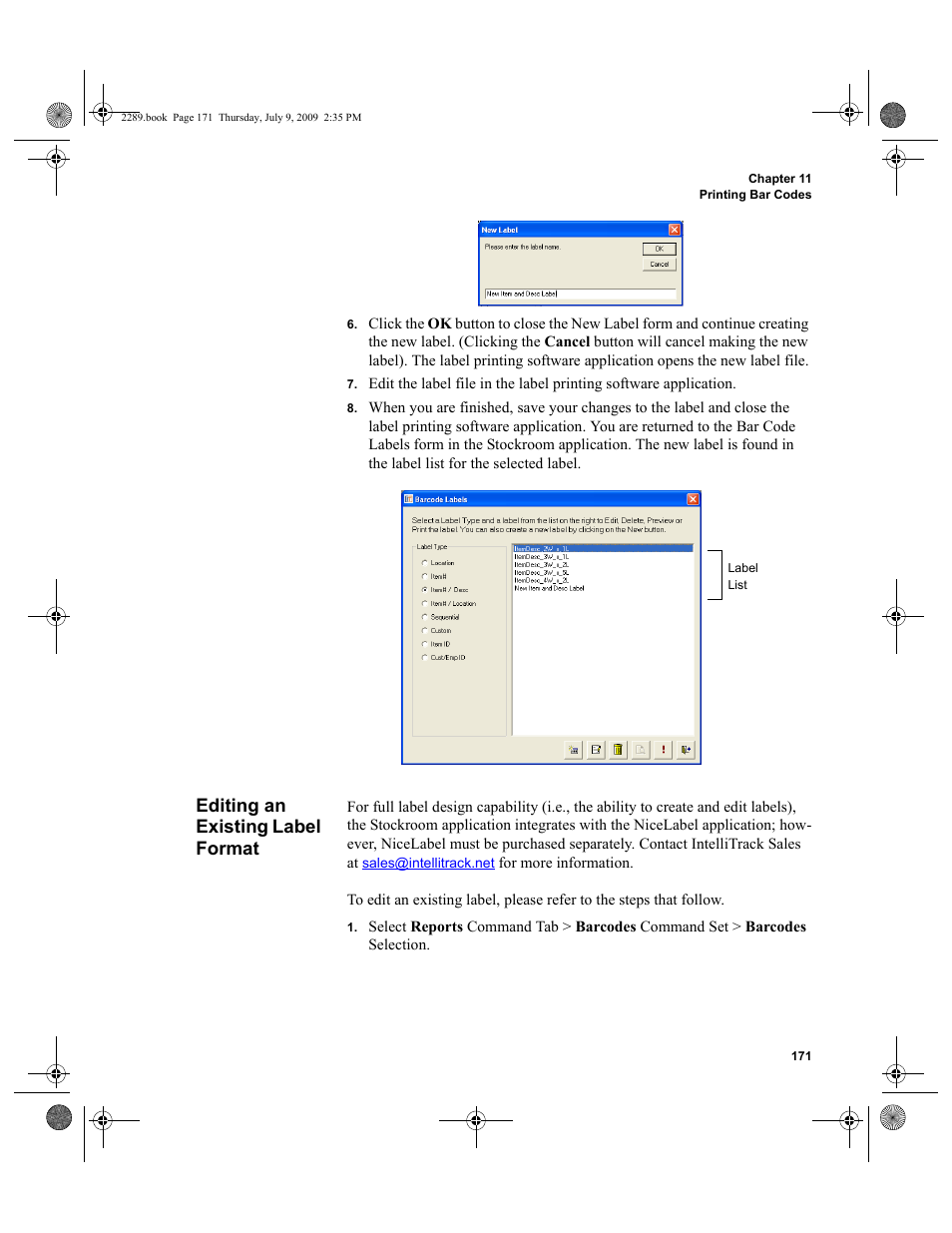 Editing an existing label format, Editing an existing label format 171 | IntelliTrack Stockroom Inventory User Manual | Page 199 / 380