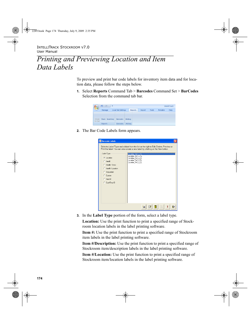 Printing and previewing location and item data, Labels 174 | IntelliTrack Stockroom Inventory User Manual | Page 202 / 380