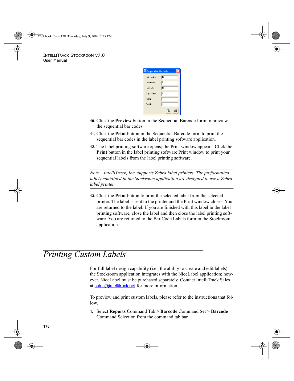 Printing custom labels, Printing custom labels 178 | IntelliTrack Stockroom Inventory User Manual | Page 206 / 380