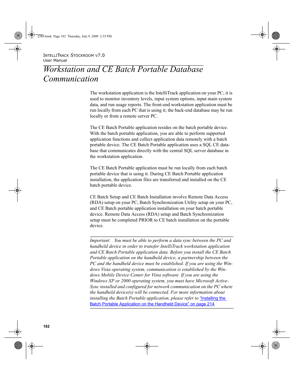 Workstation and ce batch portable database, Communication 182 | IntelliTrack Stockroom Inventory User Manual | Page 210 / 380