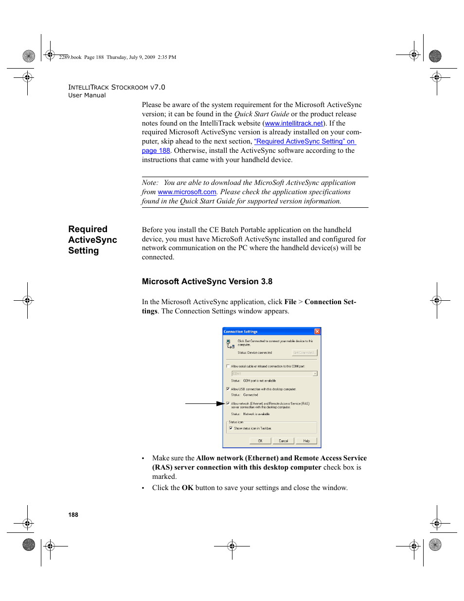 Required activesync setting, Microsoft activesync version 3.8 | IntelliTrack Stockroom Inventory User Manual | Page 216 / 380