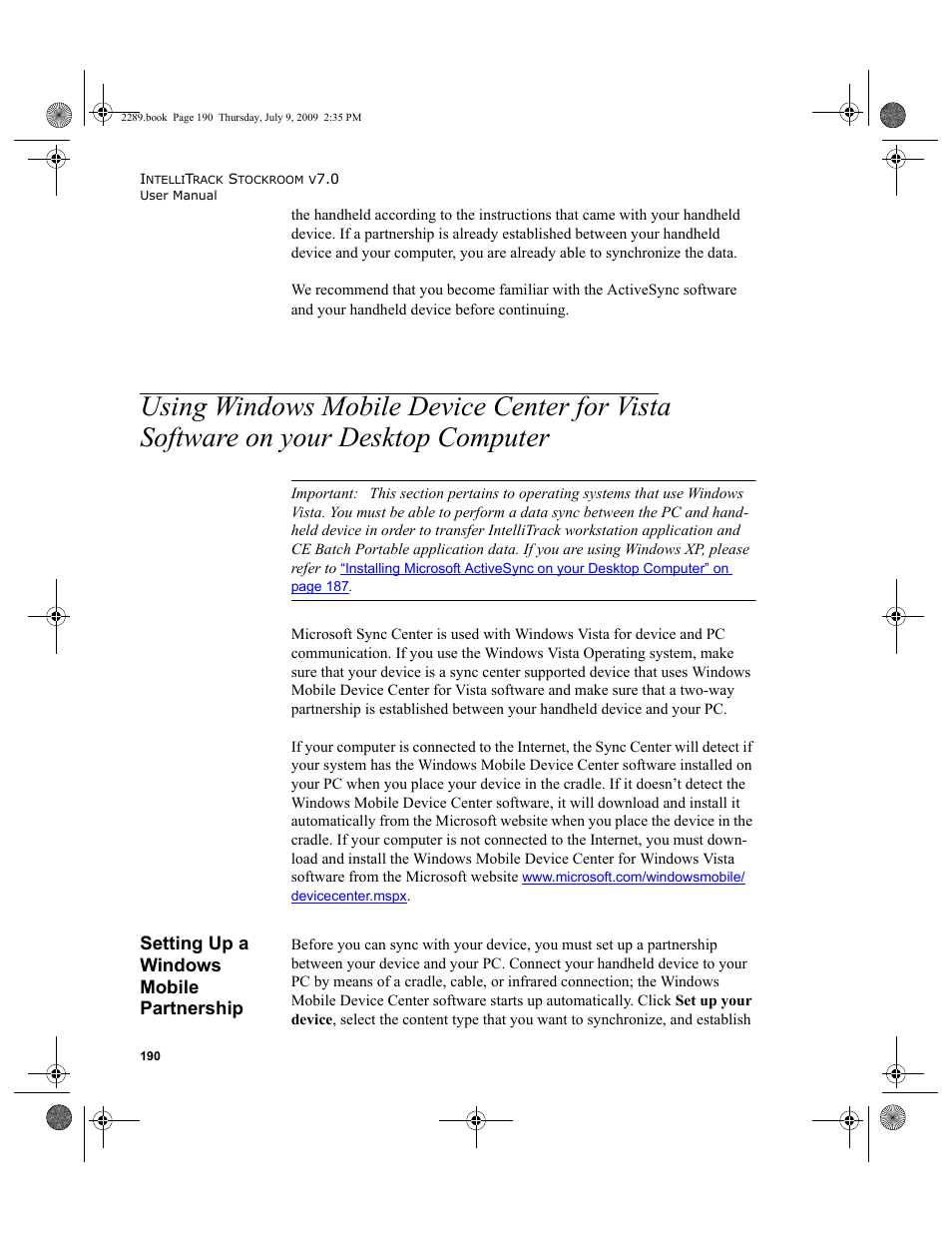 Setting up a windows mobile partnership, Using windows mobile device center for vista, Software on your desktop computer 190 | IntelliTrack Stockroom Inventory User Manual | Page 218 / 380