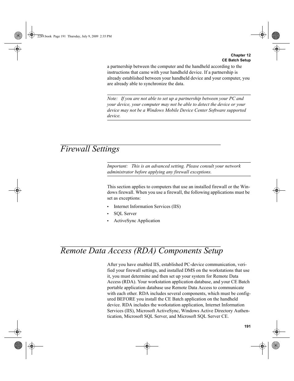Firewall settings, Remote data access (rda) components setup, Firewall settings 191 | Remote data access (rda) components setup 191, Remote data access (rda) compo | IntelliTrack Stockroom Inventory User Manual | Page 219 / 380