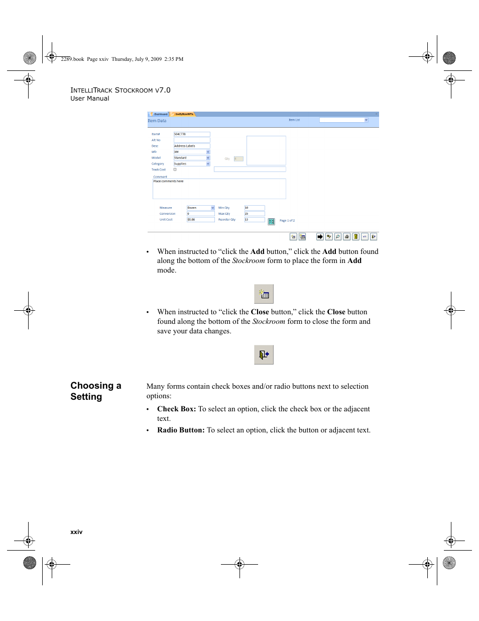 Choosing a setting, Choosing a setting xxiv | IntelliTrack Stockroom Inventory User Manual | Page 24 / 380