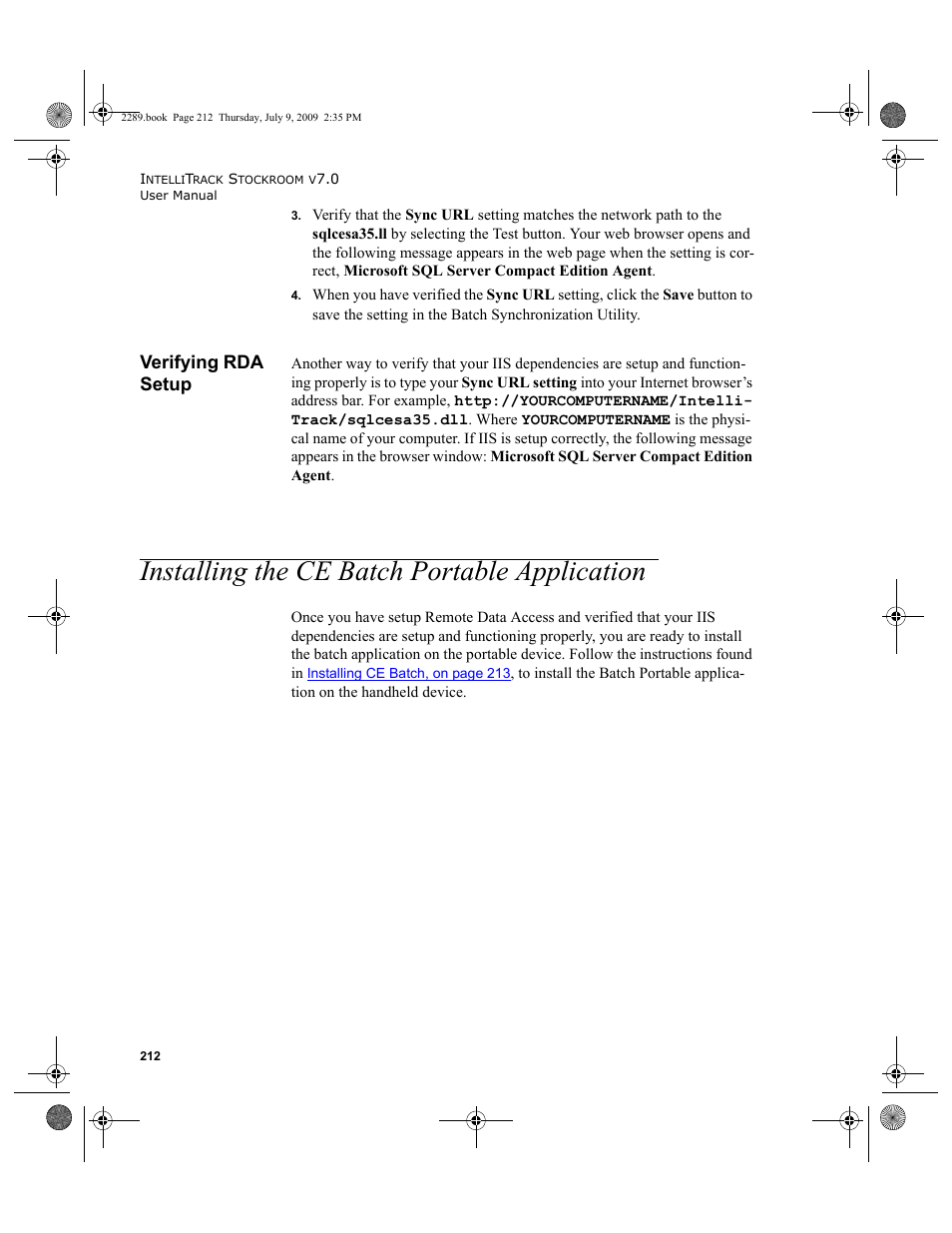 Verifying rda setup, Installing the ce batch portable application, Installing the ce batch portable application 212 | IntelliTrack Stockroom Inventory User Manual | Page 240 / 380