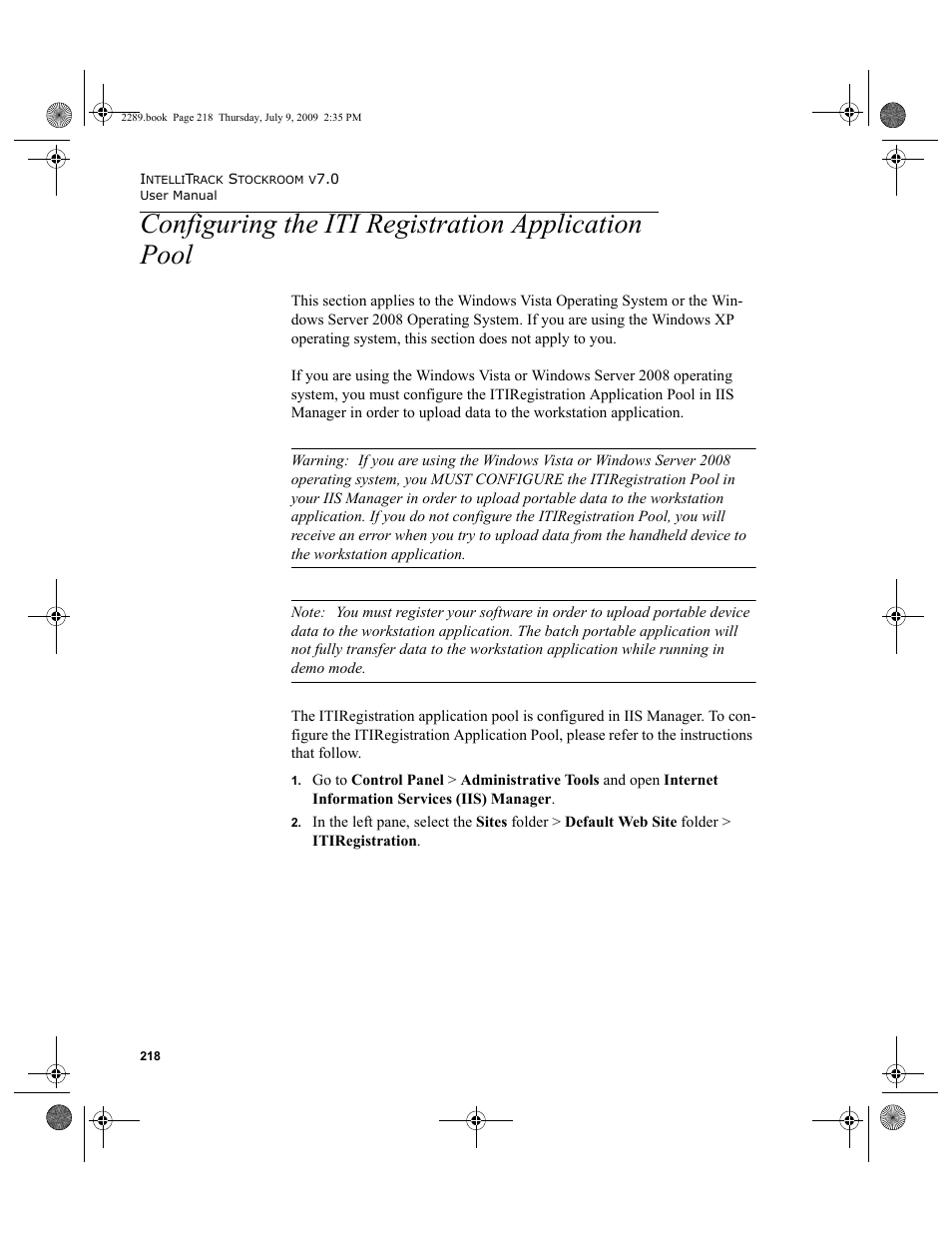 Configuring the iti registration application pool, Configuring the iti registration application, Pool 218 | IntelliTrack Stockroom Inventory User Manual | Page 246 / 380