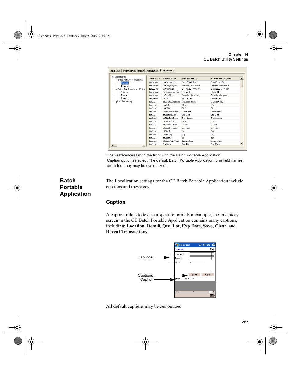 Batch portable application, Caption, Batch portable application 227 | IntelliTrack Stockroom Inventory User Manual | Page 255 / 380