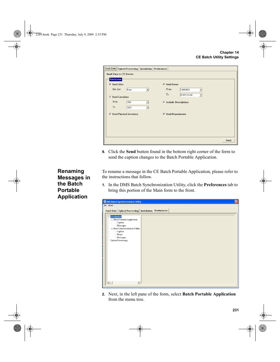 Renaming messages in the batch portable, Application 231 | IntelliTrack Stockroom Inventory User Manual | Page 259 / 380
