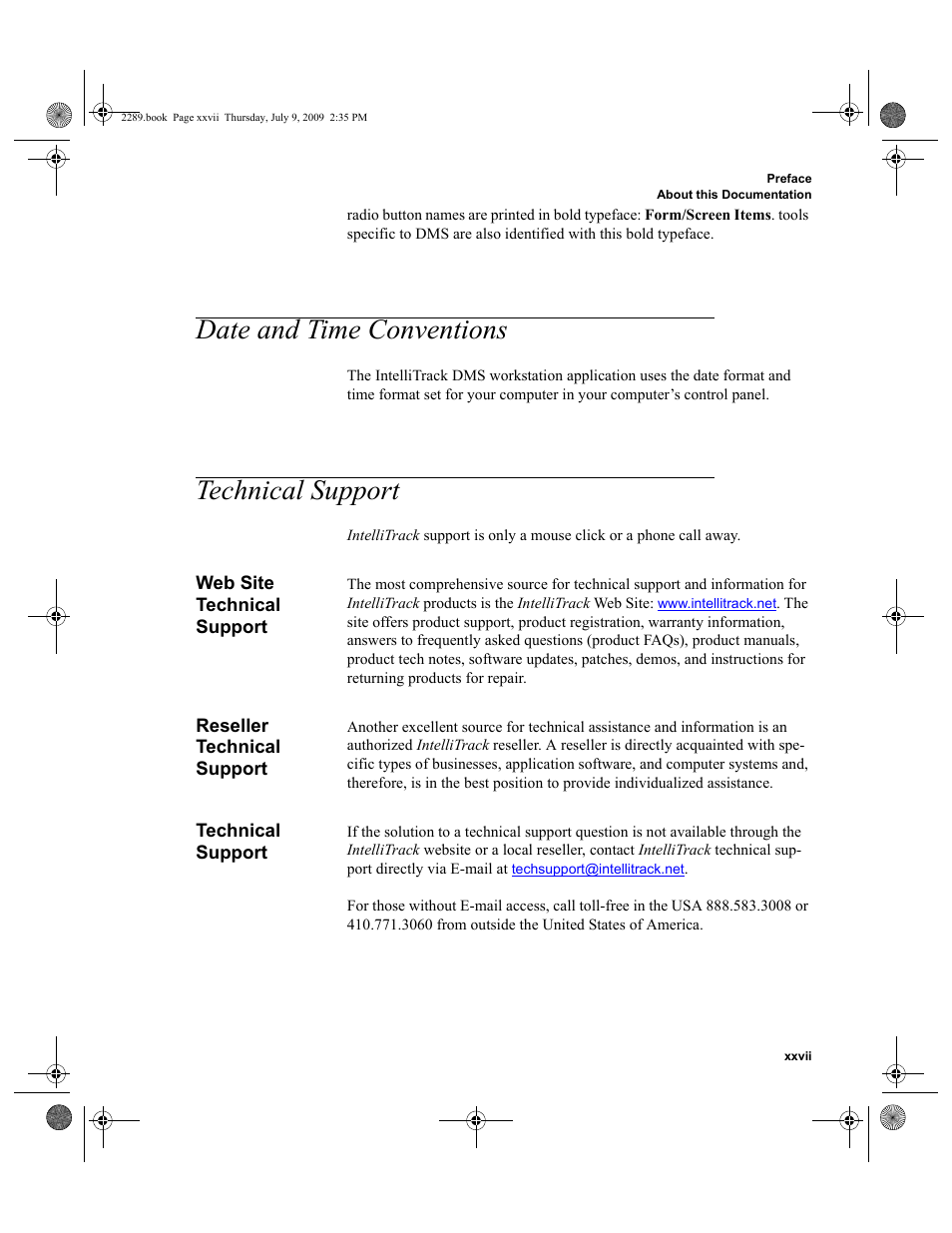 Date and time conventions, Technical support, Web site technical support | Reseller technical support, Date and time conventions xxvii, Technical support xxvii, Web site technical support xxvii, Reseller technical support xxvii | IntelliTrack Stockroom Inventory User Manual | Page 27 / 380