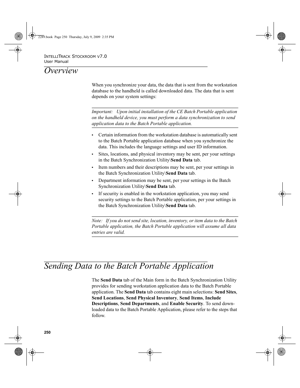 Overview, Sending data to the batch portable application, Overview 250 | Sending data to the batch portable application 250 | IntelliTrack Stockroom Inventory User Manual | Page 278 / 380