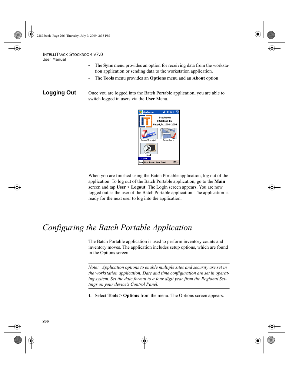 Logging out, Configuring the batch portable application, Logging out 266 | Configuring the batch portable application 266 | IntelliTrack Stockroom Inventory User Manual | Page 294 / 380