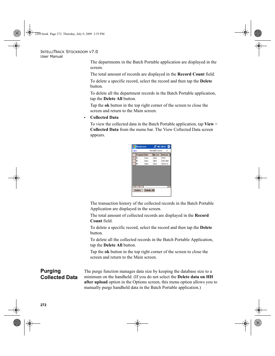 Purging collected data, Purging collected data 272 | IntelliTrack Stockroom Inventory User Manual | Page 300 / 380