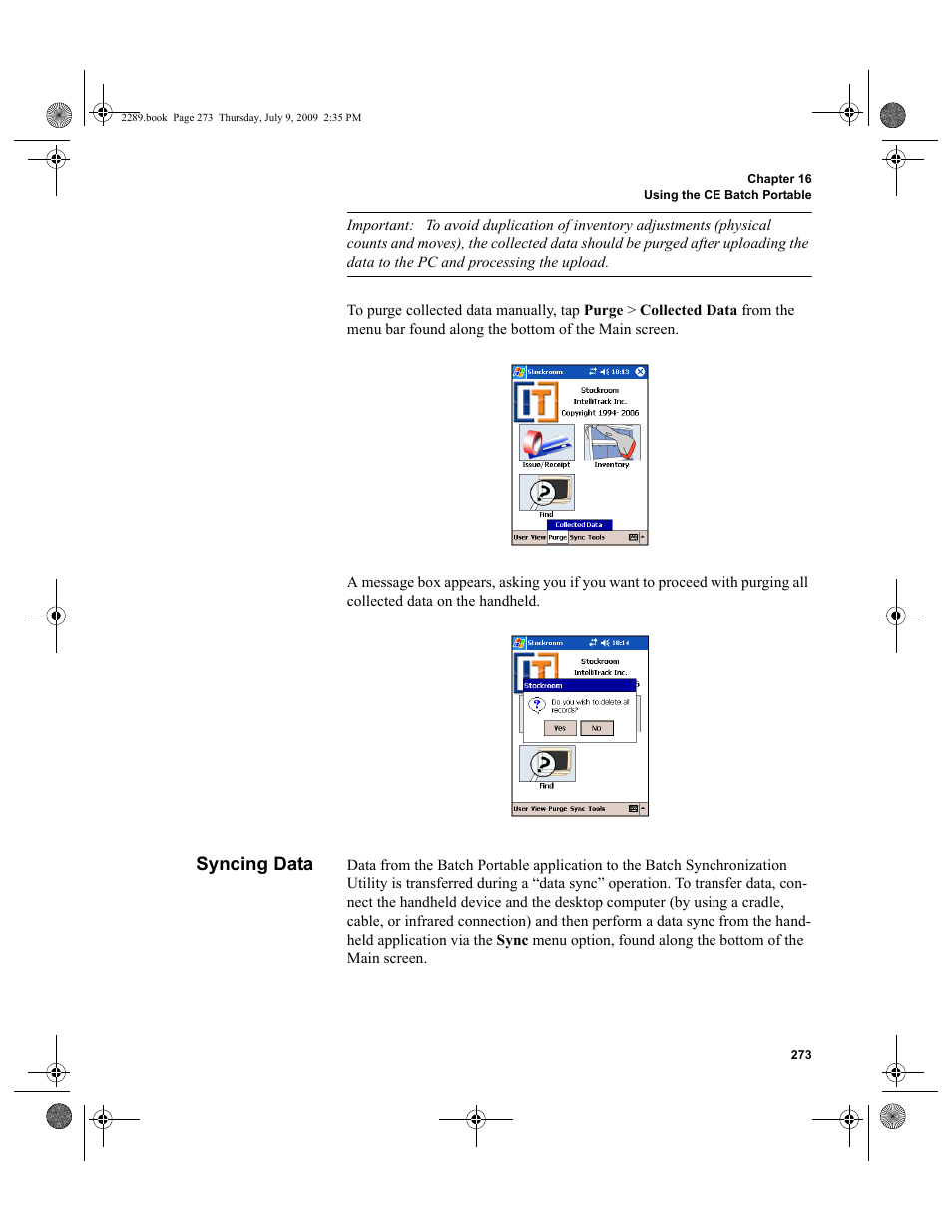 Syncing data, Syncing data 273 | IntelliTrack Stockroom Inventory User Manual | Page 301 / 380