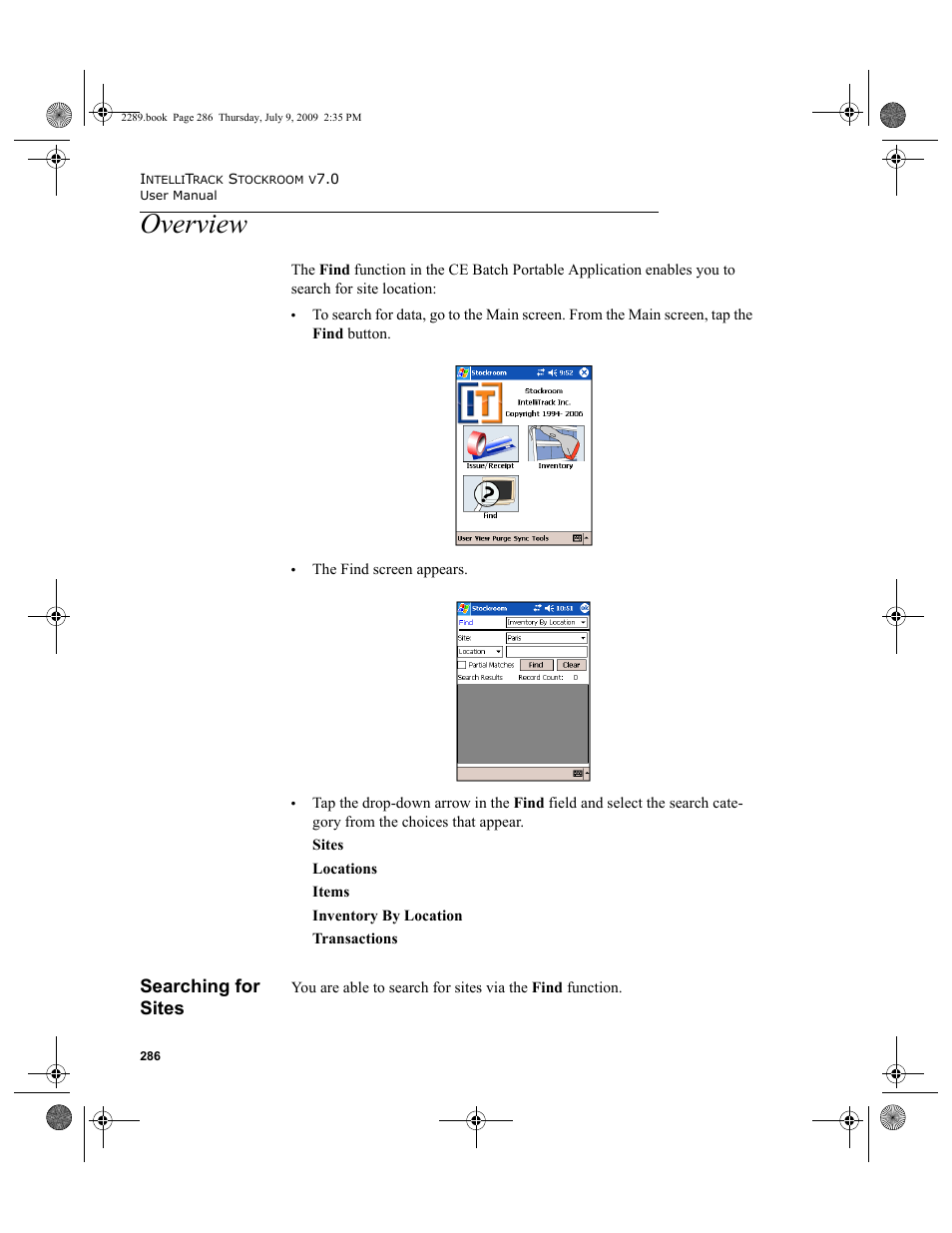 Overview, Searching for sites, Overview 286 | Searching for sites 286 | IntelliTrack Stockroom Inventory User Manual | Page 314 / 380