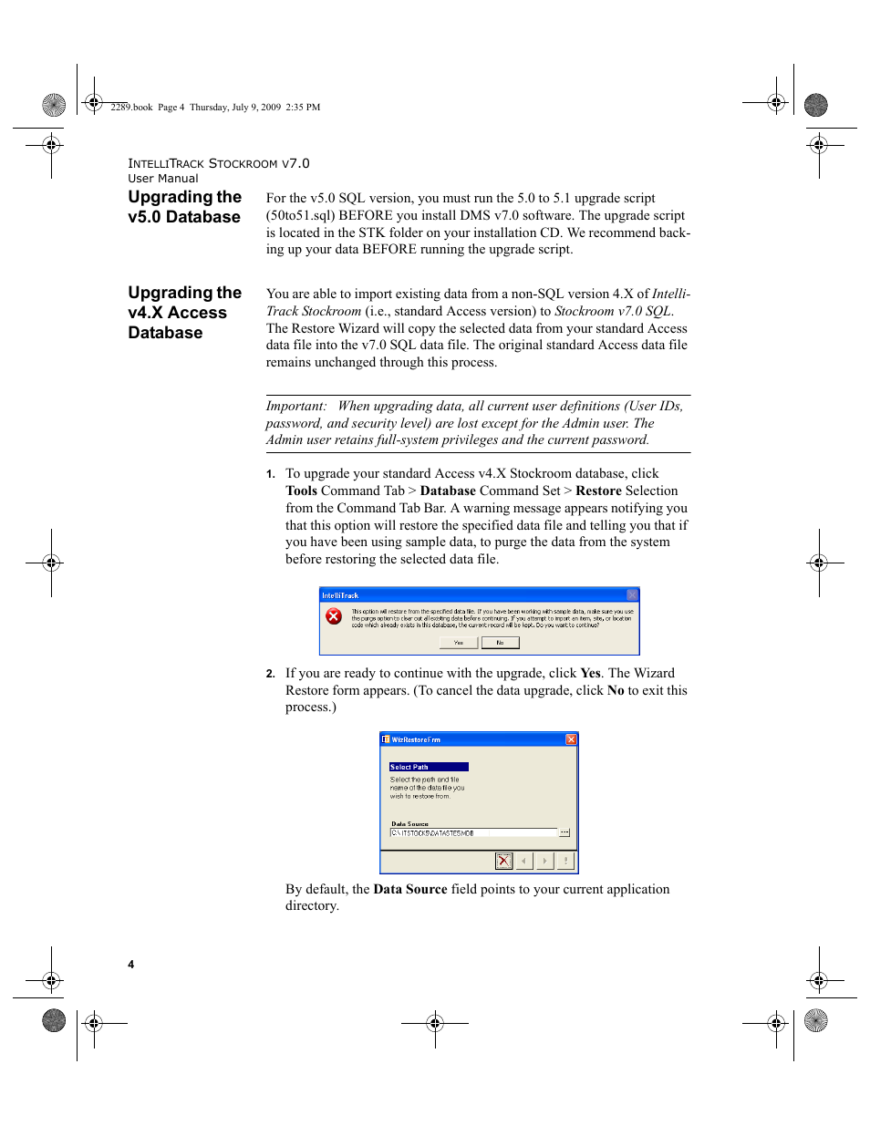 Upgrading the v5.0 database, Upgrading the v4.x access database, Upgrading the v5.0 database 4 | Upgrading the v4.x access database 4 | IntelliTrack Stockroom Inventory User Manual | Page 32 / 380