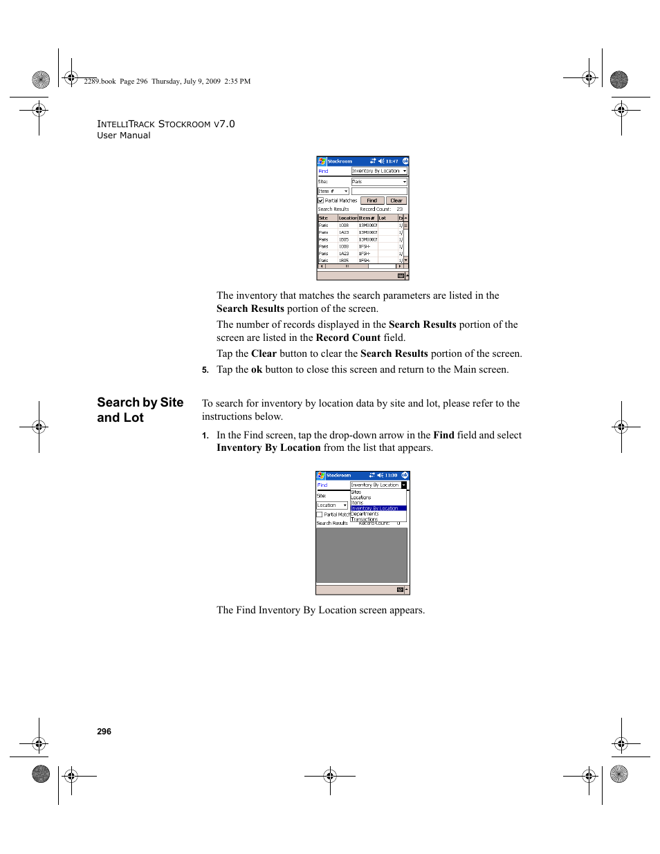 Search by site and lot, Search by site and lot 296 | IntelliTrack Stockroom Inventory User Manual | Page 324 / 380