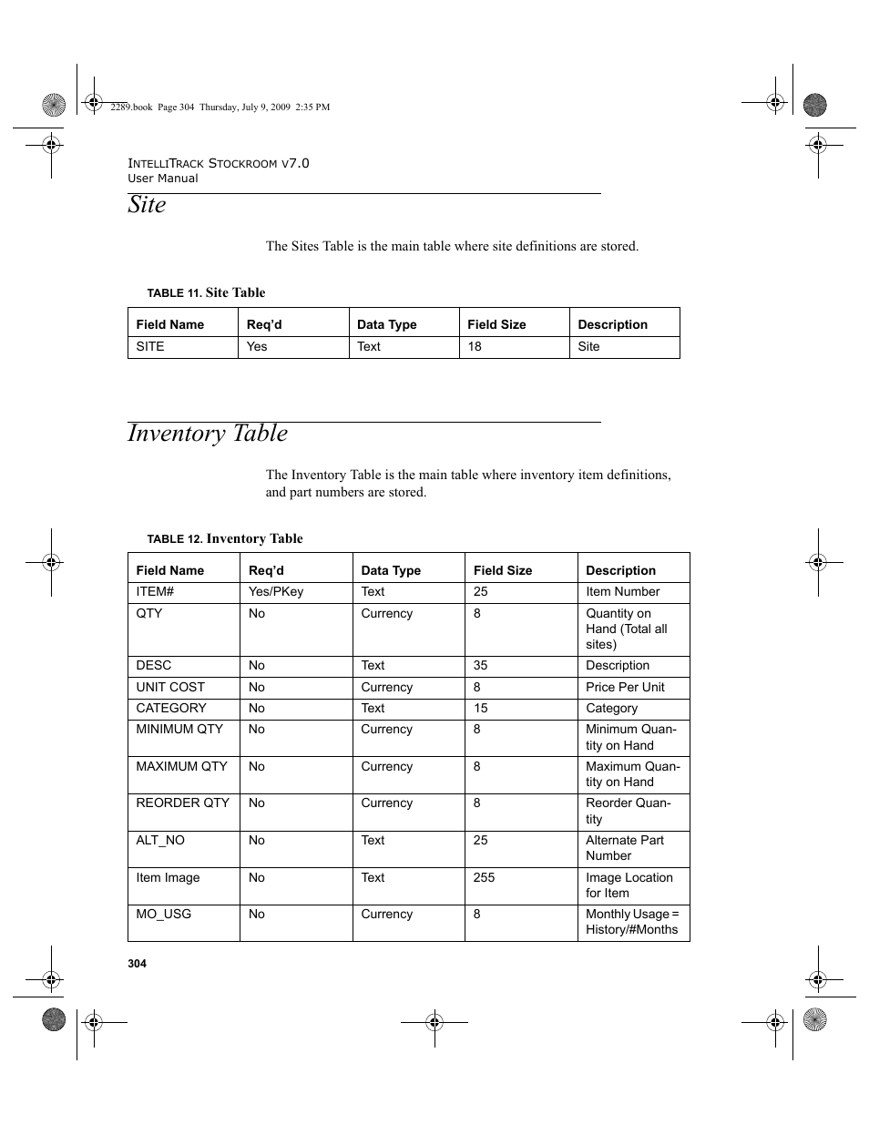 Site, Inventory table, Site inventory table | Site 304, Inventory table 304 | IntelliTrack Stockroom Inventory User Manual | Page 332 / 380