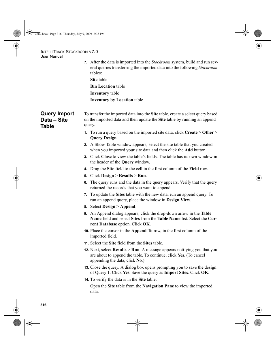 Query import data - site table, Query import data – site table, Query import data – site table 316 | IntelliTrack Stockroom Inventory User Manual | Page 344 / 380