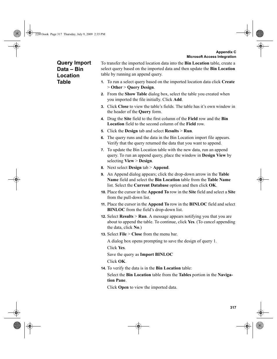 Query import data - bin location table, Query import data – bin location table, Query import data – bin location table 317 | IntelliTrack Stockroom Inventory User Manual | Page 345 / 380