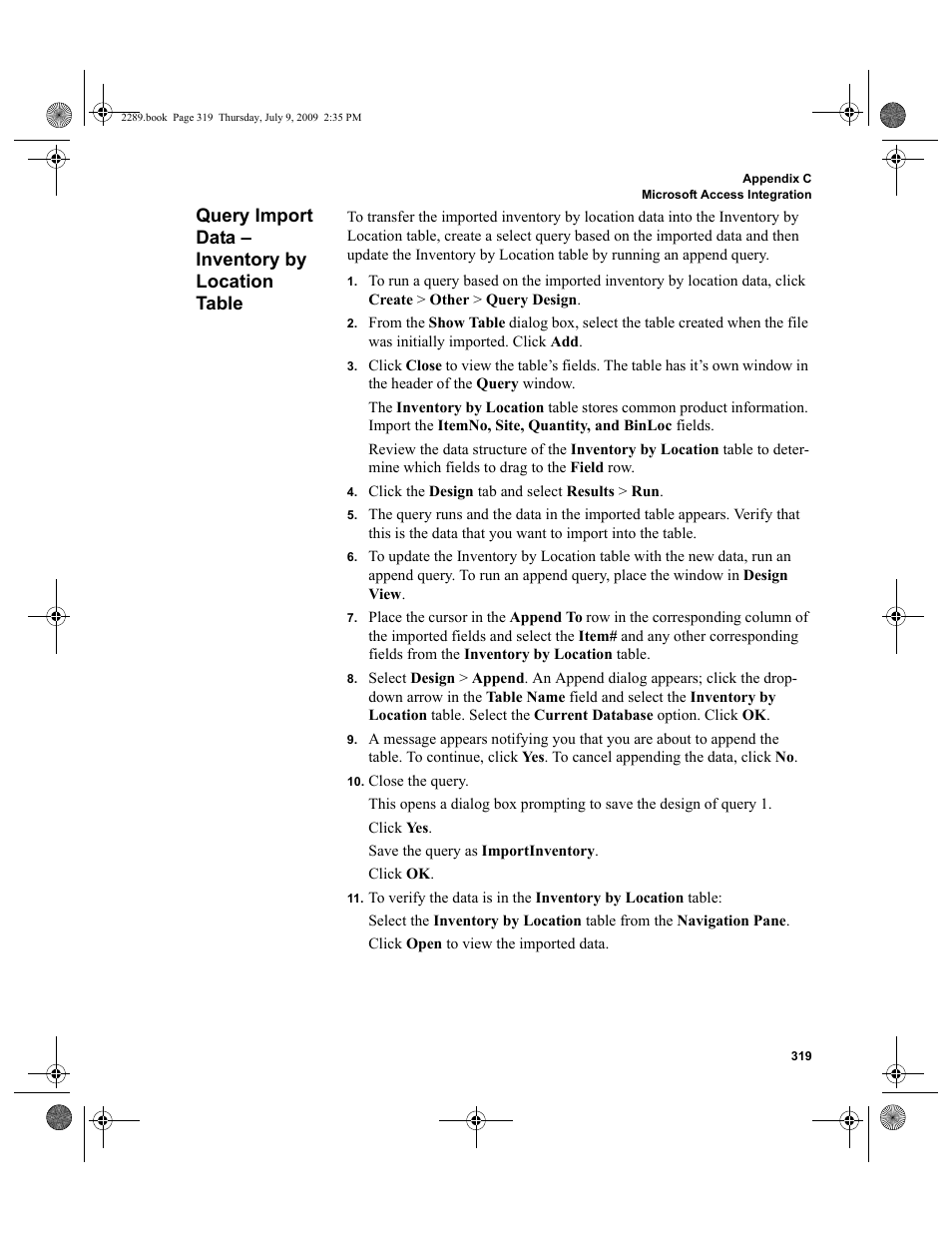 Query import data - inventory by location table, Query import data – inventory by location table, Query import data – inventory by location | Table 319 | IntelliTrack Stockroom Inventory User Manual | Page 347 / 380