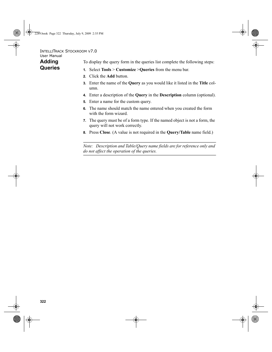 Adding queries, Adding queries 322 | IntelliTrack Stockroom Inventory User Manual | Page 350 / 380